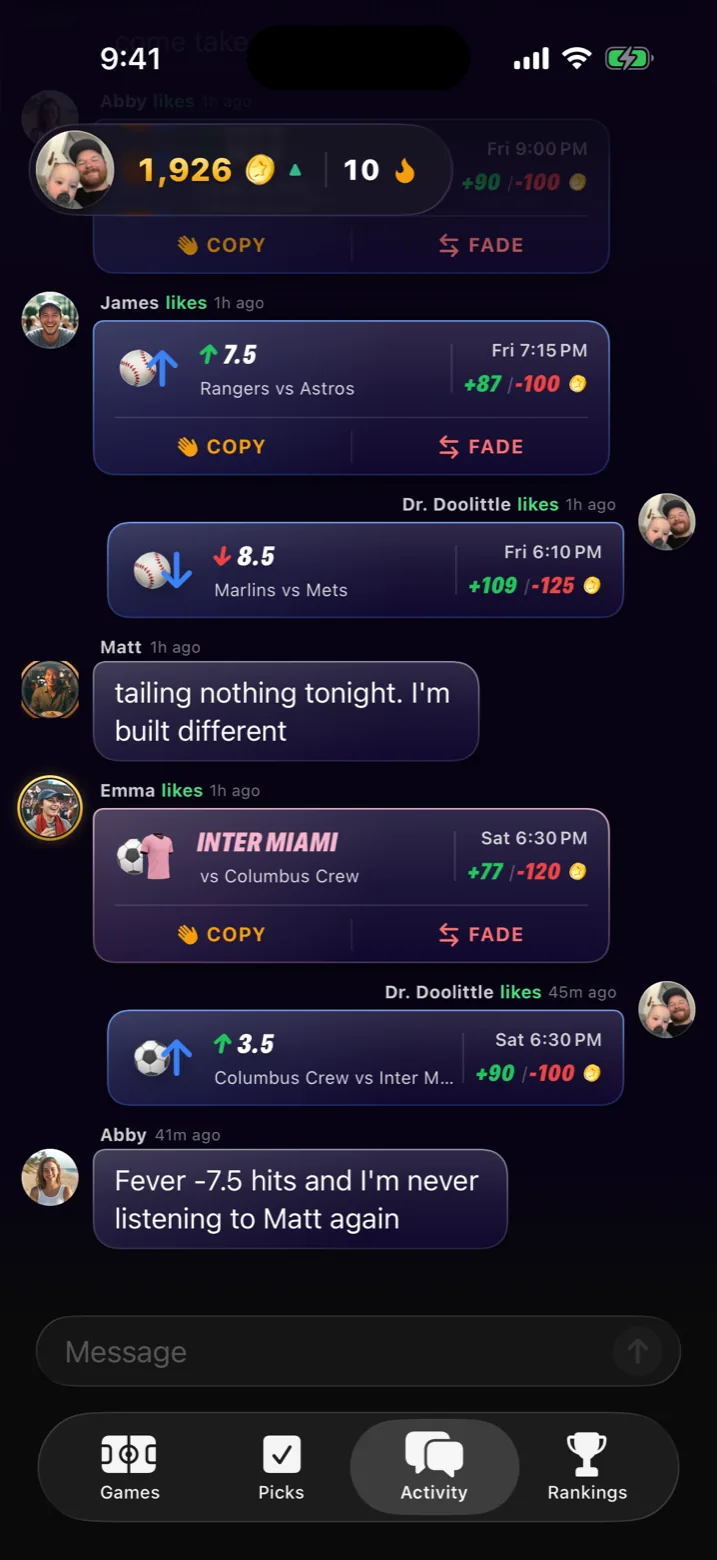 Group activity feed with picks and reactions