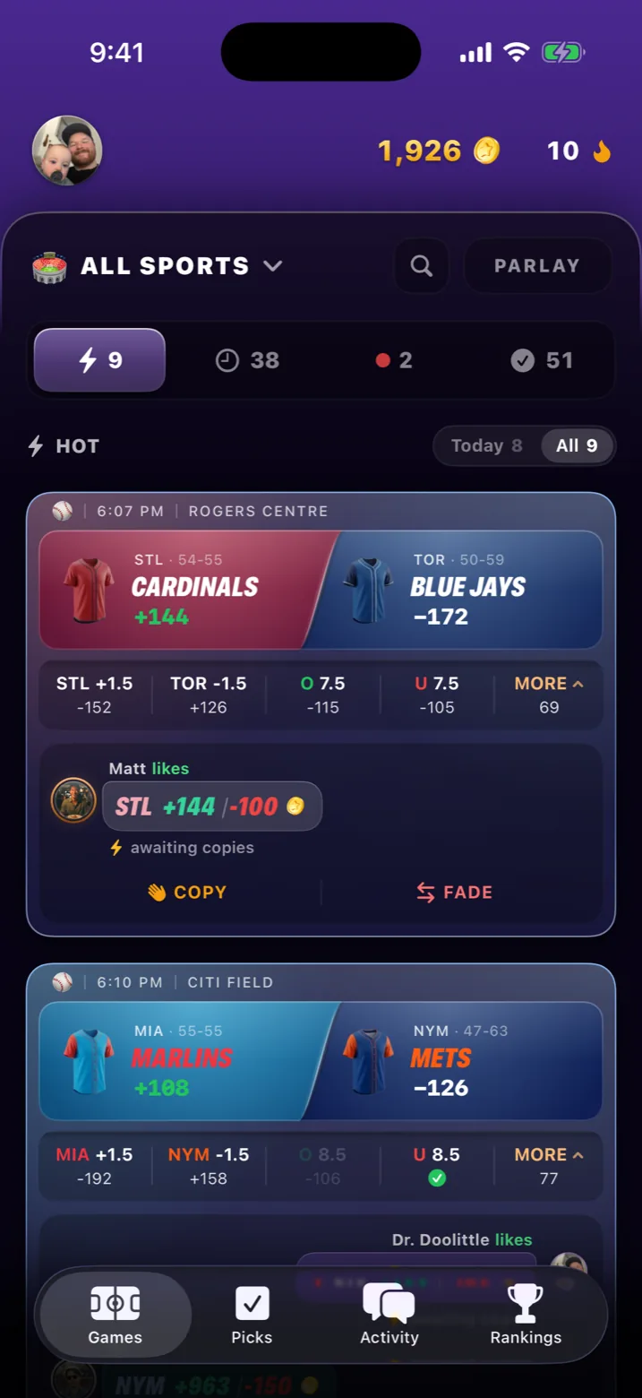 Pick Party games feed with live odds on tonight's slate